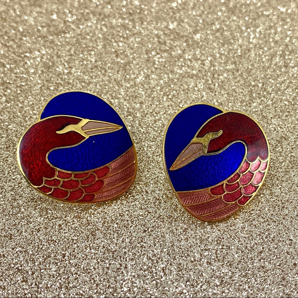 Vintage Enamel Crane Heart Earrings Signed Roman